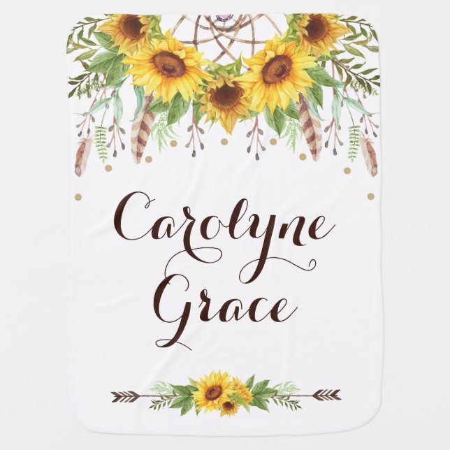 Boho Sunflower Dreamcatcher Baby Girl Nursery Blanket (Front)