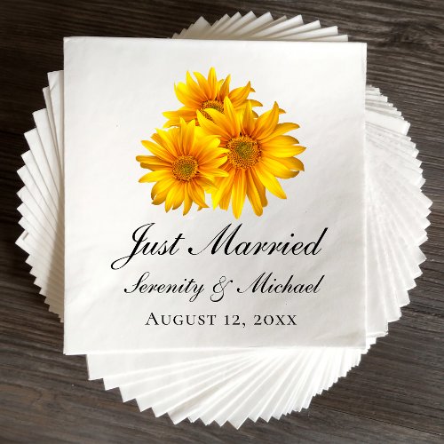 Boho Sunflower Elegant Floral Just Married Wedding Napkins