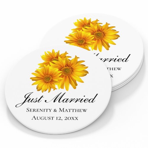 Boho Sunflower Elegant Floral Just Married Wedding Round Paper Coaster