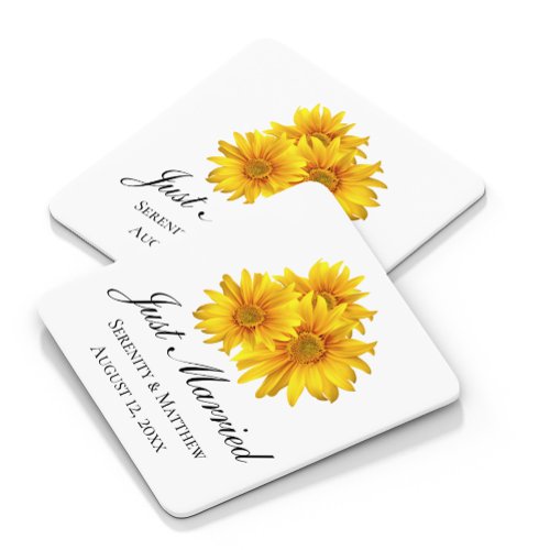 Boho Sunflower Elegant Floral Just Married Wedding Square Paper Coaster