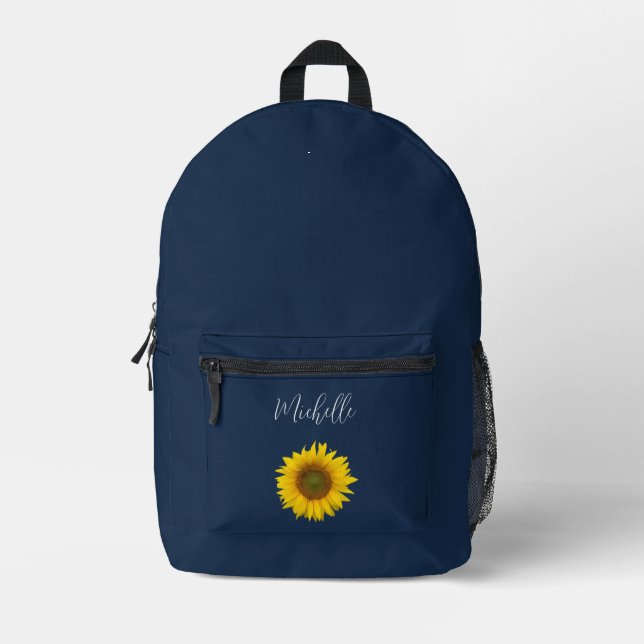 Boho Sunflower Elegant Personalized Navy Blue Printed Backpack (Front)