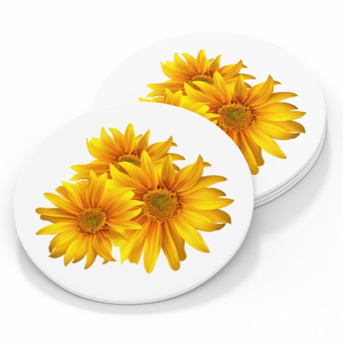 Boho Sunflower Elegant Wedding Yellow Floral Round Paper Coaster