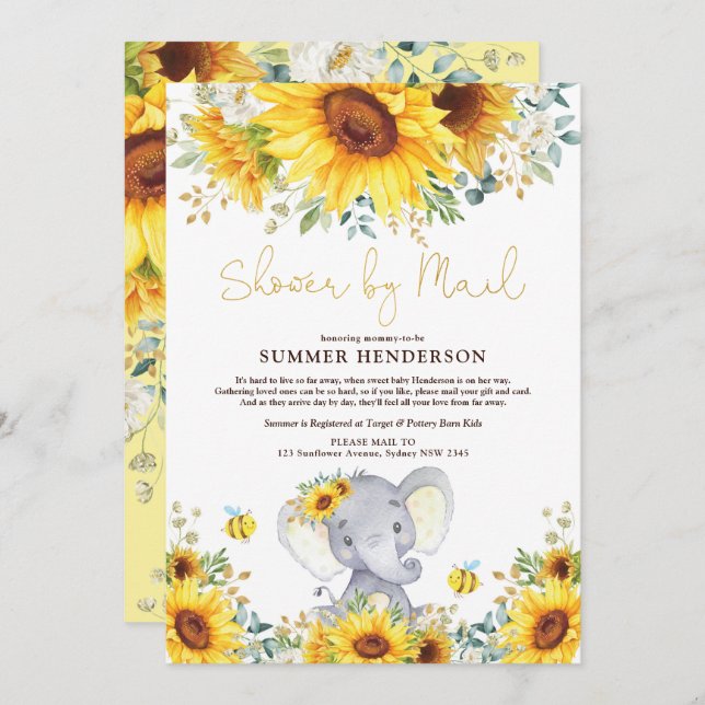 Boho Sunflower Elephant Baby Shower By Mail Invitation (Front/Back)