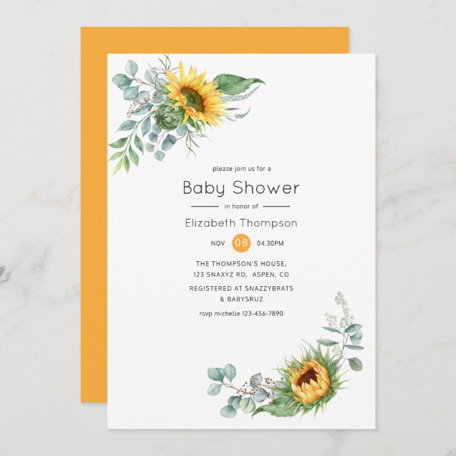 Boho Sunflower Eucalyptus Baby Shower Invitation (Front/Back)