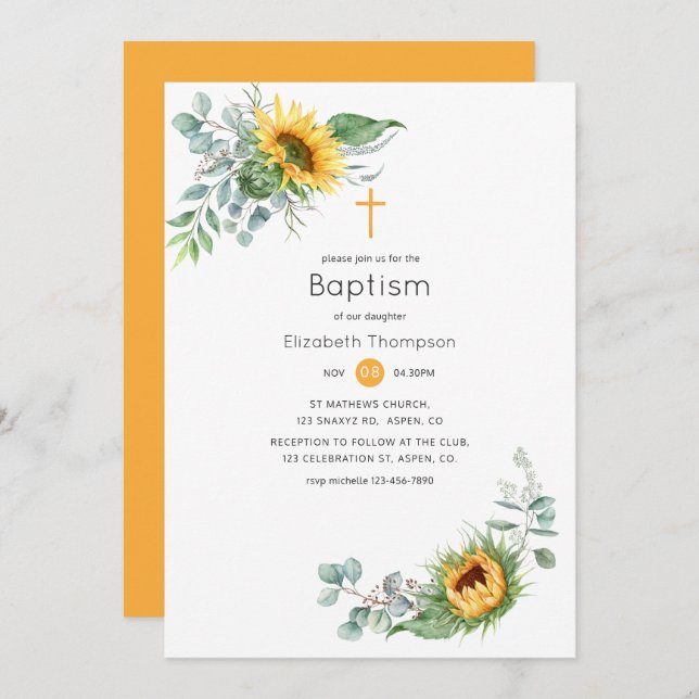 Boho Sunflower Eucalyptus Baptism Invitation (Front/Back)
