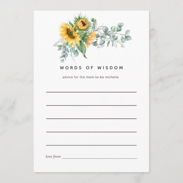 Boho Sunflower Eucalyptus Bridal Shower Advice Card (Front)