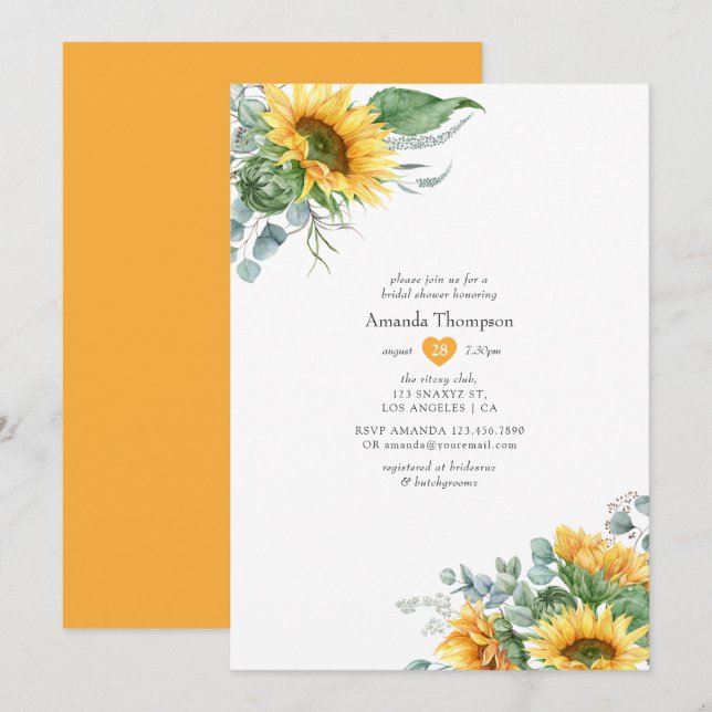 Boho Sunflower Eucalyptus Bridal Shower Invitation (Front/Back)