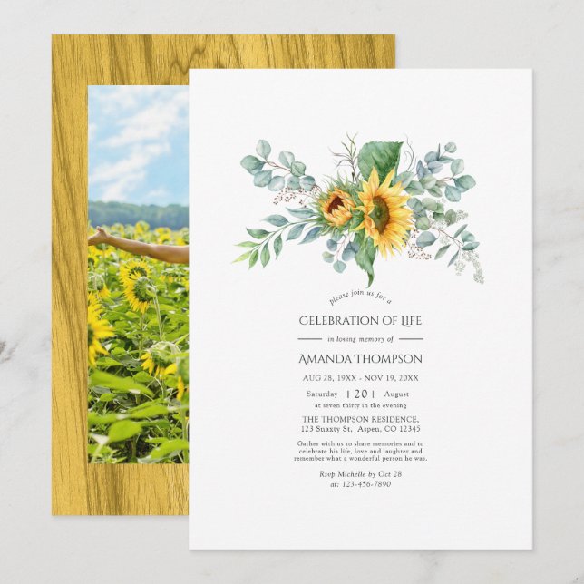 Boho Sunflower Eucalyptus Celebration of Life Invi Invitation (Front/Back)