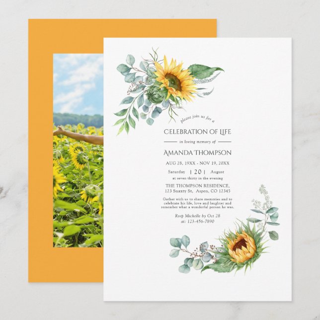 Boho Sunflower Eucalyptus Celebration of Life Invi Invitation (Front/Back)