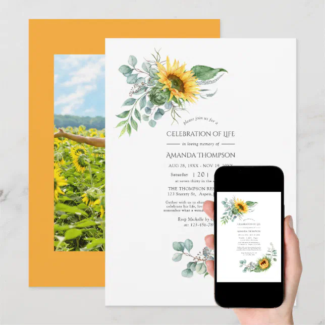 Boho Sunflower Eucalyptus Celebration of Life Invi Invitation | Zazzle