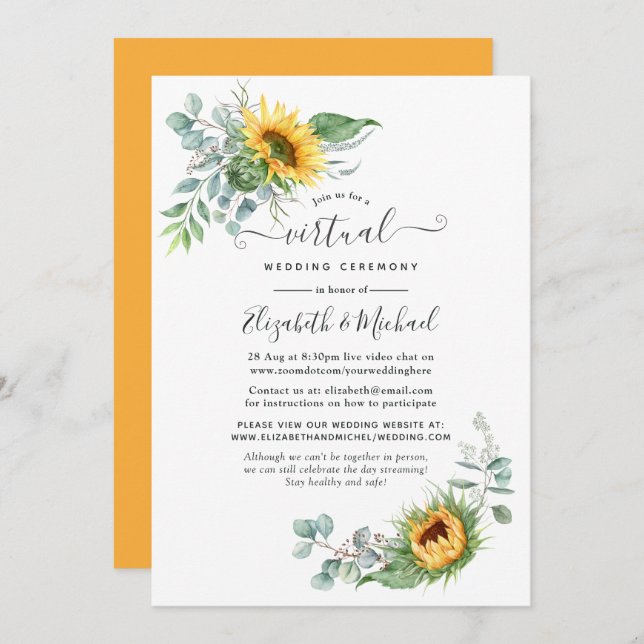 Boho Sunflower Eucalyptus Online Virtual Wedding Invitation (Front/Back)