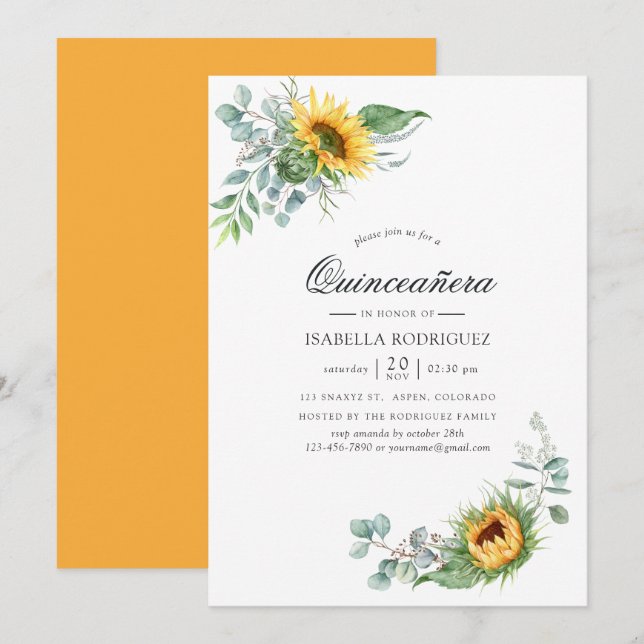 Boho Sunflower Eucalyptus Quinceañera Invitation (Front/Back)