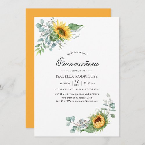 Boho Sunflower Eucalyptus Quinceaera Invitation