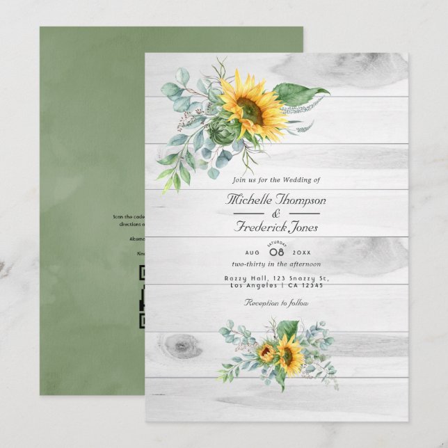 Boho Sunflower Eucalyptus Rustic Country Wedding Invitation (Front/Back)