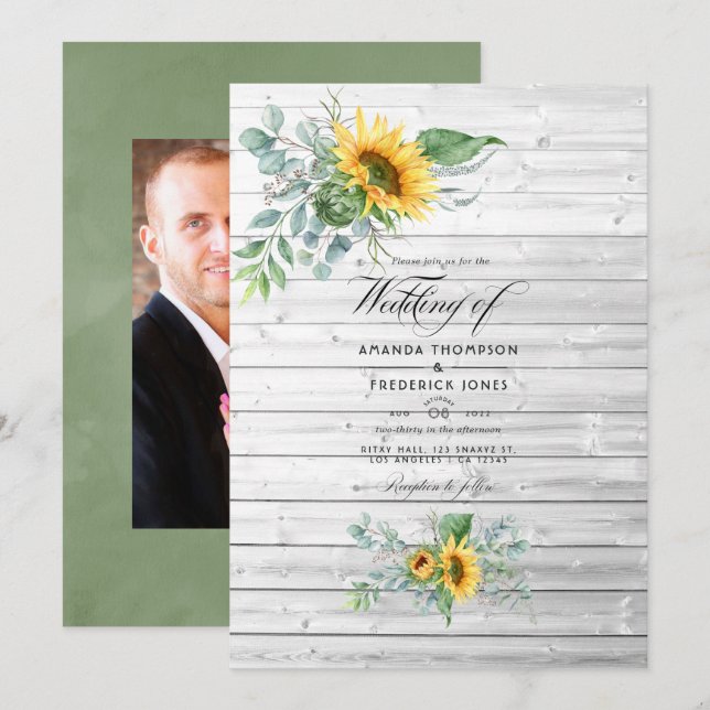 Boho Sunflower Eucalyptus Rustic Country Wedding Invitation (Front/Back)