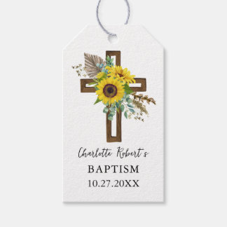 Boho Sunflower & Eucalyptus Rustic Cross Baptism Gift Tags