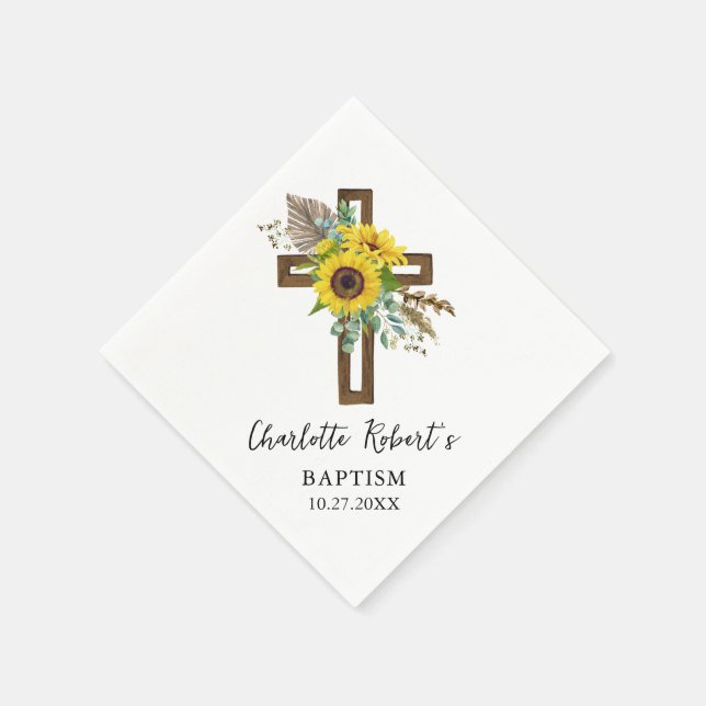 Boho Sunflower & Eucalyptus Rustic Cross Baptism Napkins (Corner)