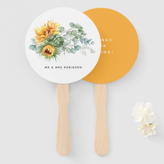 Boho Sunflower Eucalyptus Wedding Hand Fan (Front and Back)
