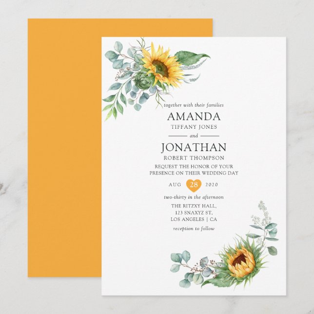 Boho Sunflower Eucalyptus Wedding Invitation (Front/Back)