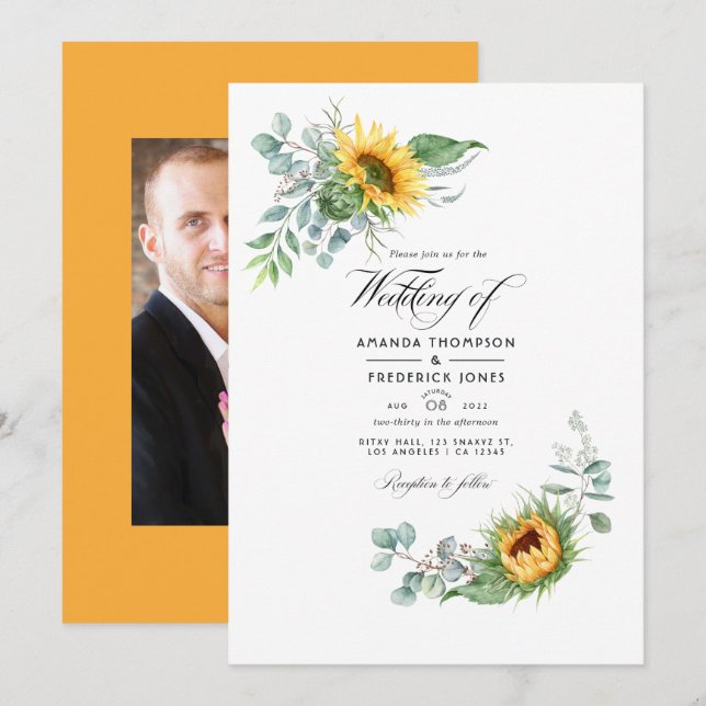 Boho Sunflower Eucalyptus Wedding Photo Invitation (Front/Back)