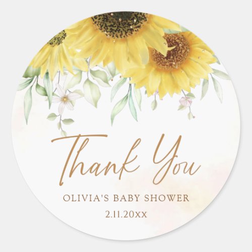 Boho Sunflower Floral Baby Shower Thank You Favor Classic Round Sticker