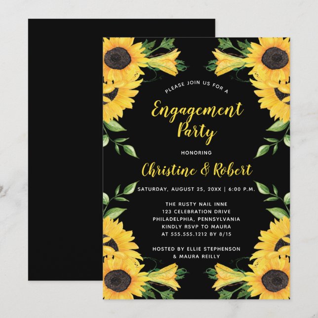 Boho Sunflower Floral | Black Engagement Party  Invitation (Front/Back)