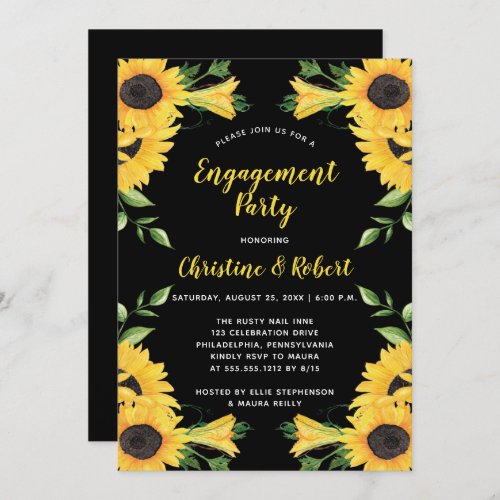 Boho Sunflower Floral  Black Engagement Party  Invitation