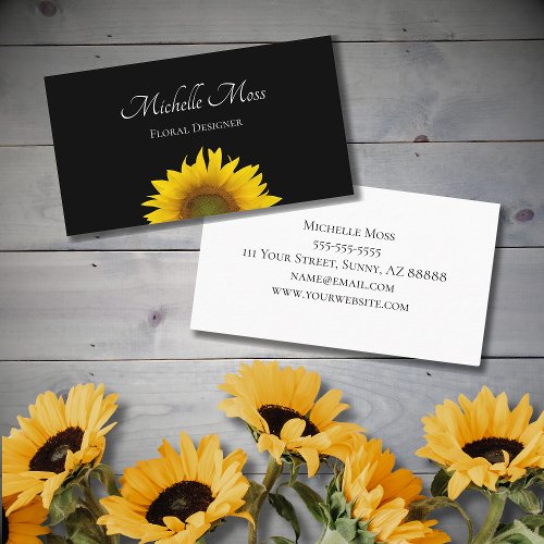 Boho Sunflower Floral Botanical Black Business Card