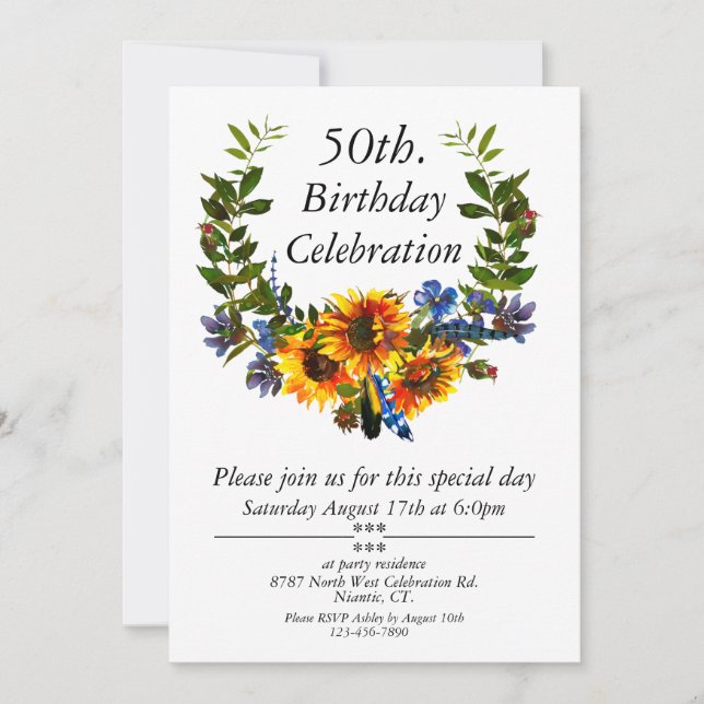Boho Sunflower Floral Customizable 50th Birthday Invitation (Front)