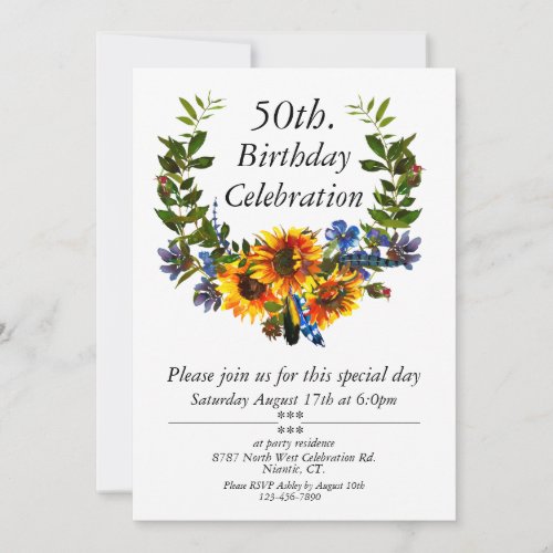 Boho Sunflower Floral Customizable 50th Birthday Invitation