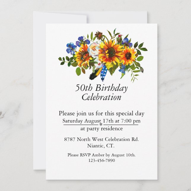 Boho Sunflower Floral Customizable 50th Birthday Invitation (Front)