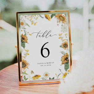 Boho Sunflower Floral Elegant Wedding Table Number
