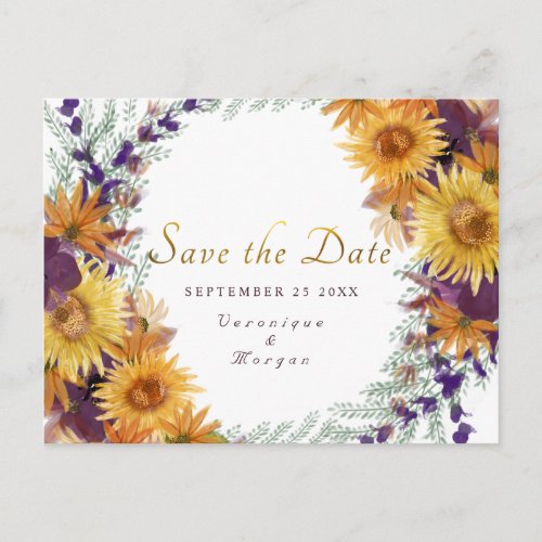 Boho sunflower floral gold script Save the Date Postcard