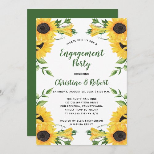 Boho Sunflower Floral  Green Engagement Party  Invitation