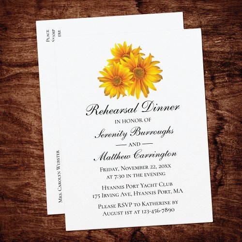 Boho Sunflower Floral Wedding Rehearsal Dinner Invitation Postcard