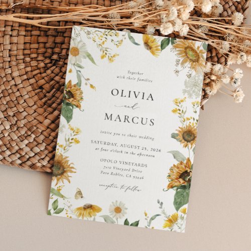 Boho Sunflower Golden Rays Floral Elegant Wedding Invitation