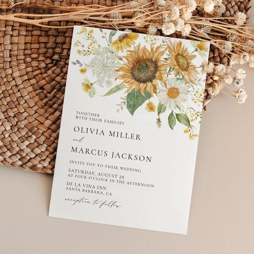 Boho Sunflower Golden Rays Floral Elegant Wedding Invitation