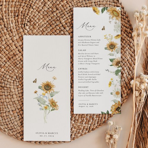 Boho Sunflower Golden Rays Floral Elegant Wedding Menu