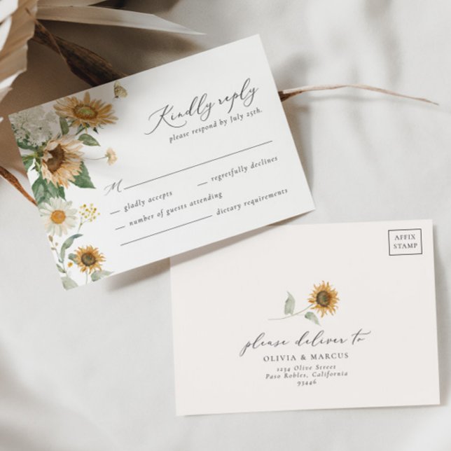 Boho Sunflower Golden Rays Floral Elegant Wedding RSVP Card (Front/Back)