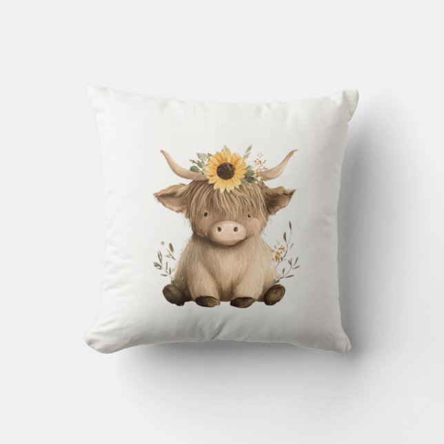 Boho Sunflower Highland Cow Throw Pillow (Front)
