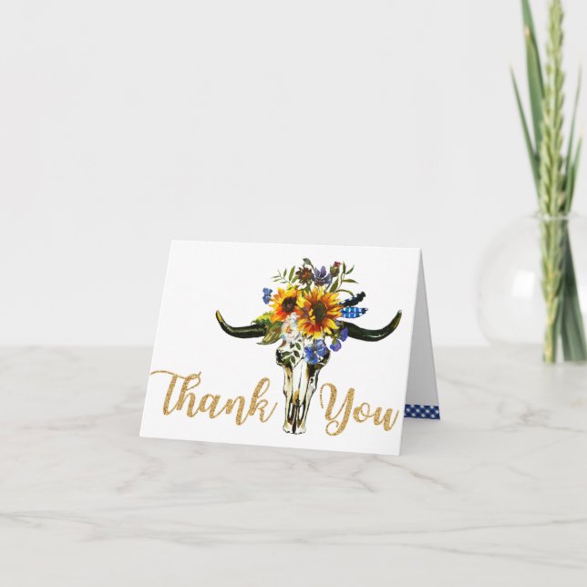 Boho Sunflower Longhorn Skull Country Thank You Card (Front)