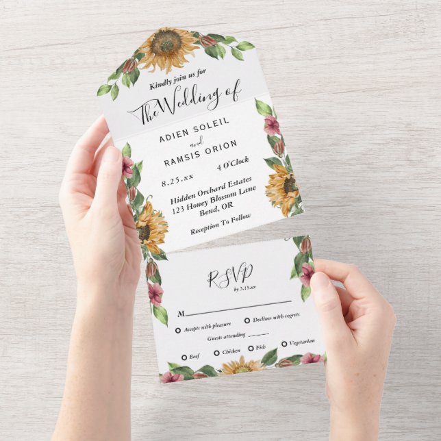 Boho Sunflower Menu Choice RSVP Wedding All In One Invitation (Tearaway)