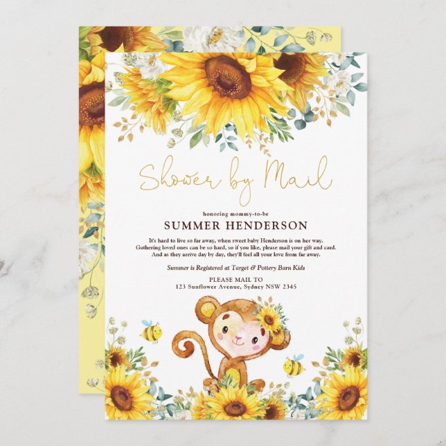 Boho Sunflower Monkey Baby Shower By Mail Invitation (Front/Back)