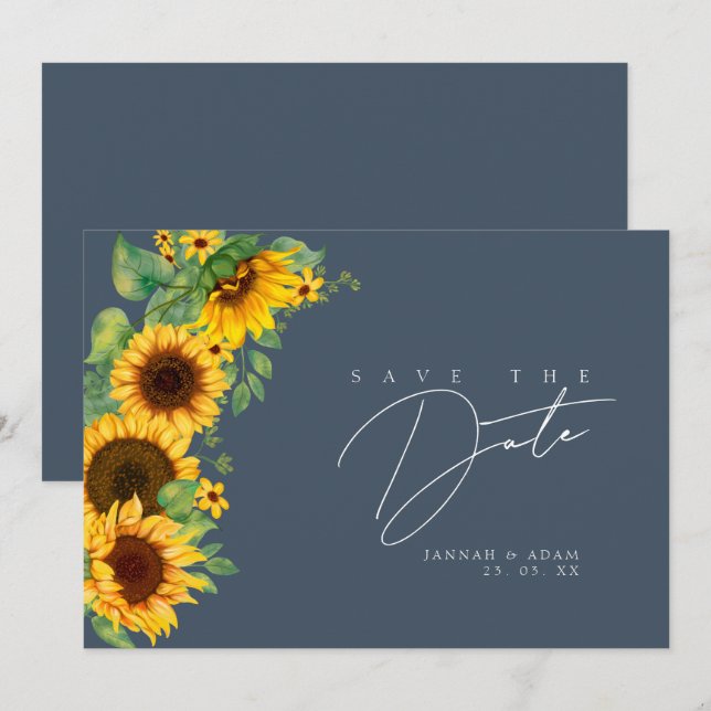 Boho Sunflower Monogram Slate Blue Wedding Save The Date (Front/Back)