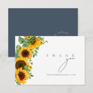 Boho Sunflower Monogram Slate Blue Wedding Thank You Card