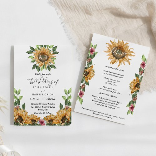 Boho Sunflower Monogram Wedding Details All In One Invitation