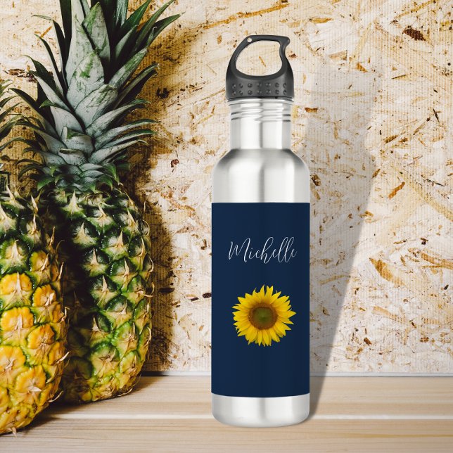 Boho Sunflower Navy Blue Botanical  Stainless Steel Water Bottle (Creator Uploaded)