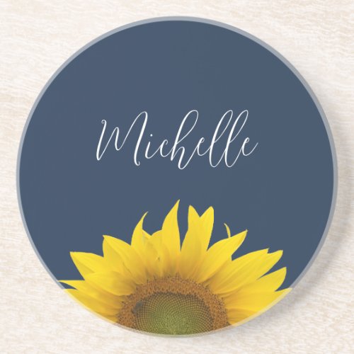 Boho Sunflower Navy Blue Elegant Floral Coaster