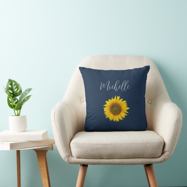 Boho Sunflower Navy Blue Elegant Floral Throw Pillow (Chair)