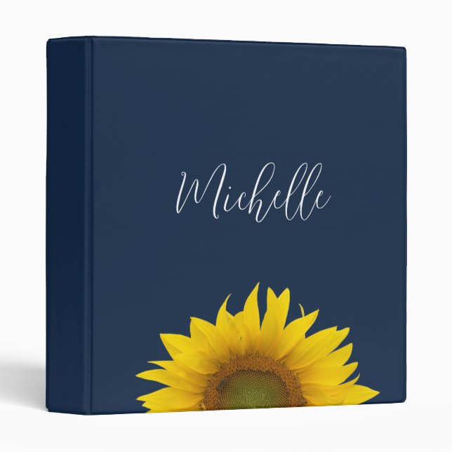 Boho Sunflower Navy Blue Elegant Personalized 3 Ring Binder (Front/Spine)